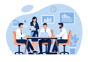 Business meeting with team collaboration and data analysis in a modern office setting, showcasing professional teamwork and strategic planning for corporate success