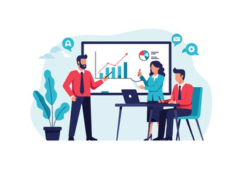 Business team collaborating in a meeting, presenting financial data and growth charts on a whiteboard, discussing strategy and planning for success in a modern office environment