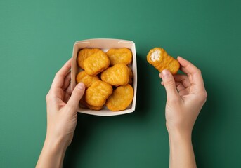 Hands holding chicken nuggets in a box with one nugget being picked up