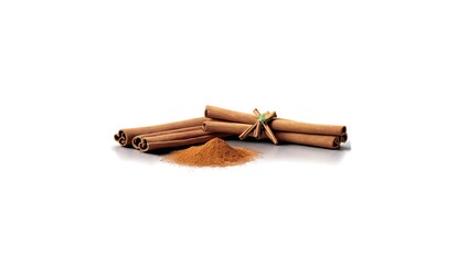 A Cinnamon sticks stacked neatly, rich brown tones contrast beautifully with clean white background.