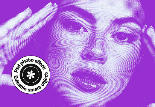 Halftone Portrait Photo Effect with Purple Overlay