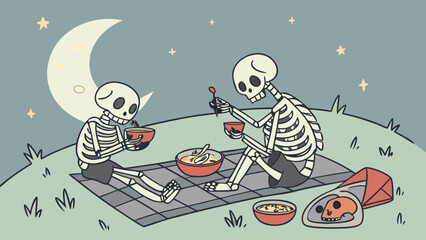 Two cheerful skeletons enjoy a nighttime picnic under a crescent moon and twinkling stars sharing bowls of food on a checkered blanket