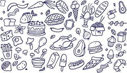  Food Doodle Collection – Snacks, Desserts, Drinks, Hand Drawn Meal Icons