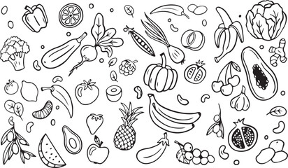 Fototapeta premium Fruit and Vegetable Outline Doodle – Hand Drawn, Food, Organic, Healthy, Farm, Harvest, Cooking, Nature, Cartoon, Marker, Black and White, Fresh, Isolated, Sketch, Vector, Design, Outline, Clipart