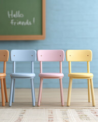 Preschool classroom with tiny chairs, alphabet mats, and chalkboard greeting 'Hello Friends!' in bright colors