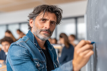 Professor writing complex equations on chalkboard
