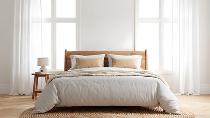 Fototapeta premium Serene Bedroom Interior with Natural Light and Minimalist Style a Calm Retreat for Restful Sleep