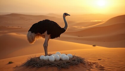 Ostrich stands guard over its nest of white eggs in desert. Golden sunset light bathes sand dunes creating atmospheric scene of wildlife and new beginnings. Focus on avian life, nature, and survival.