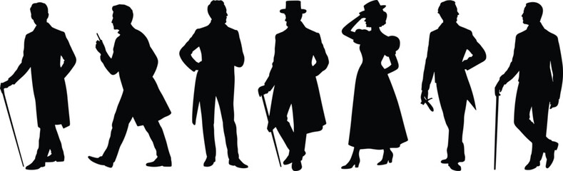 Victorian silhouettes, elegant fashion, historical clothing, vintage outfits, classic attire, retro style, 19th century costumes, period figures, timeless design, illustration