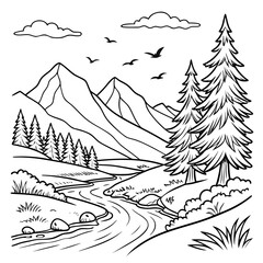 Fototapeta premium Scenic vector line drawing of mountains, river, trees, and birds, hand-drawn style, detailed outline, calm and relaxing composition for coloring pages 