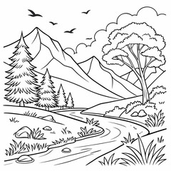 Fototapeta premium Scenic vector line drawing of mountains, river, trees, and birds, hand-drawn style, detailed outline, calm and relaxing composition for coloring pages 