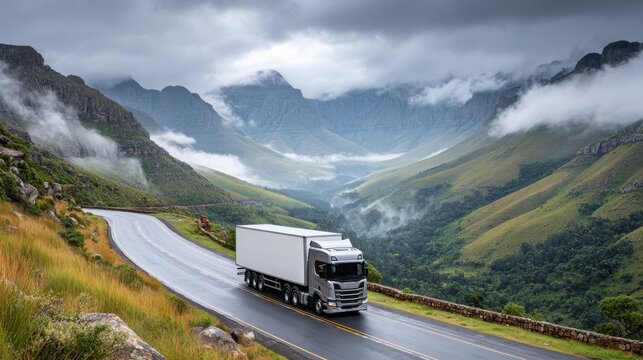 Scenic Delivery Truck Transporting Goods on Mountain Road with Misty Landscape View, Copy Space for Logistics Concept