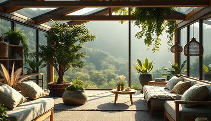 Fototapeta premium Minimalist Indoor Lounge Opening to Mountain Vista