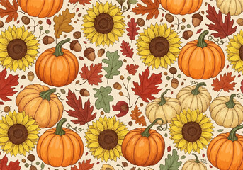 Autumn Pattern with Pumpkins, Sunflowers, and Leaves
