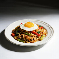 Asian Stir-fried Noodles with a Sunny Side Up Egg and Fresh Vegetables