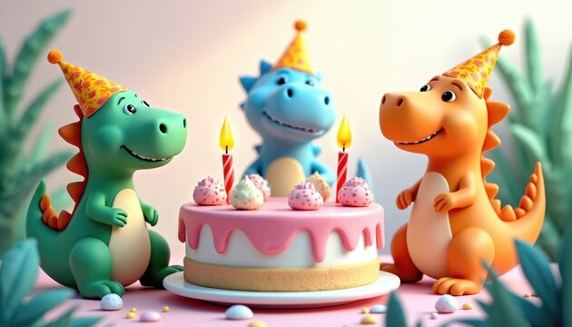 Three cheerful cartoon dinosaurs in party hats celebrate birthday with cake, candles. Green, blue, orange dinosaurs featured in cute children illustration, perfect for party invitations, cards,