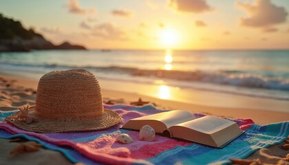 Straw hat, open book rest on colorful striped towel on sandy beach. Seashells, starfish nearby. Gentle ocean waves at sunset, golden hour light creates tranquil, warm atmosphere perfect for summer
