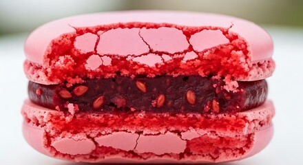 Photo of closeup of a pink raspberry macaron