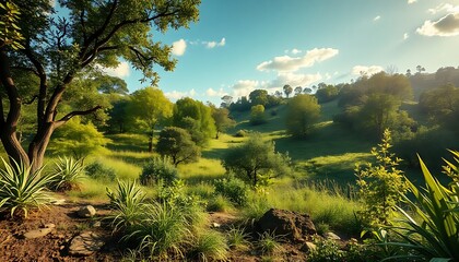 Fototapeta premium Golden Sunlit Patio with Wicker Seating and Plants
