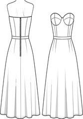 Elegant strapless and sweetheart neckline dress design, fashion illustration, sewing pattern, garment sketch, formal wear, wedding, evening outfit inspiration