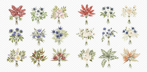 A large collection of eighteen illustrated floral bouquets featuring diverse flowers and foliage.