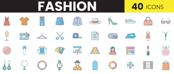 Fashion Color Icon Set – Stylish Clothing, Accessories, and Beauty Illustrations