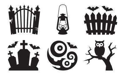 Solid Black Haunted Scene Vector Collection, Spiked Gate, Rusty Lantern, Fence, Gravestones, Bats, Mist Swirl & Perched Owl