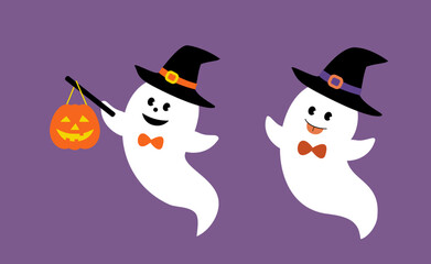 White ghost wearing a witch hat.
Set of cute Halloween white ghosts.
Halloween sheet ghost flat vector illustration.
Good for greeting card,poster, banner, leaflet.