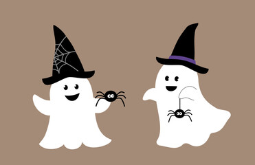 White ghost wearing a witch hat , holding a spider in hand.
Set of cute Halloween white ghosts.
Halloween sheet ghost flat vector illustration.
Good for greeting card,poster, banner, leaflet.
