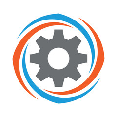 Grey Gear Cogwheel Surrounded by Swirling Blue and Orange Lines on a White Background mechanical