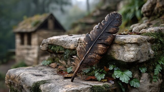 A simple bird feather resting on a stone step.