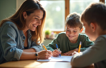 Mother, son collaborate on schoolwork, fostering strong parent-child connection. Focus on child development, educational support. Encouraging learning, building trust, promoting academic success