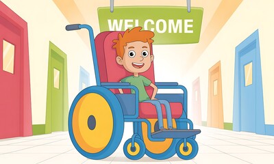 Naklejka premium Cheerful Cartoon Boy in a Wheelchair Arrives in a Bright, Welcoming Hallway