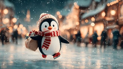 A cute plush penguin figurine standing in a snowy festive city street at night surrounded by twinkling lights and a cozy holiday atmosphere