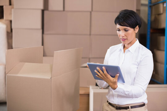 Woman inspecting inventory on tablet in warehouse with cardboard boxes, open pallet box, copy space