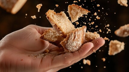 Bread pieces falling on hand against dark background, food concept
