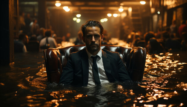 A businessman sits in a chair in a flooded office. Bankruptcy and financial losses. - Powered by Adobe