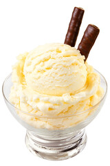 taça com sorvete de baunilha acompanhado de biscoito de chocolate isolado em fundo transparente