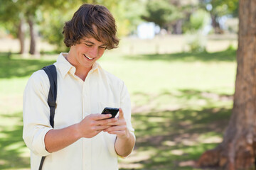 Male student standing in park holding smartphone carrying single-strap backpack, copy space