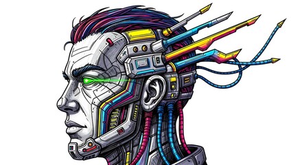 Cybernetic Man Portrait with Brain Implant Technology and Futuristic Design
