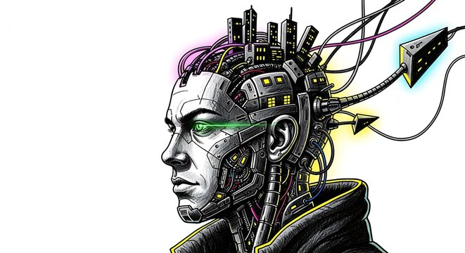 Cyberpunk Cyborg Man with Wires and Cityscape Futuristic Technology Concept