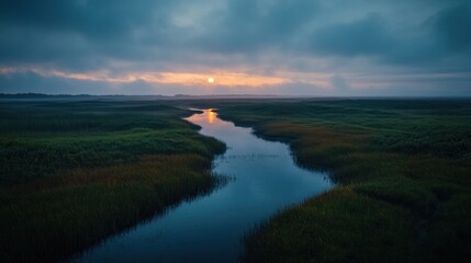Marshland River at Sunset, Calm Water Reflecting Sunlight, Cloudy Sky