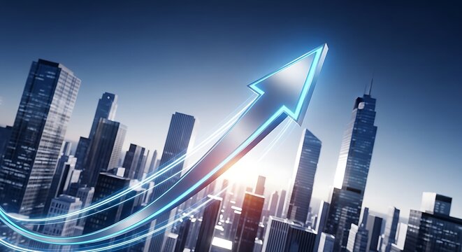 title A Large Arrow Over a Cityscape keywords cityscape large arrow skyline buildings upward trend growth increase development progress sky sunny