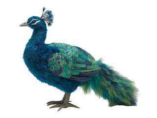 Obraz premium PNG of A vibrant blue peacock stands elegantly, showcasing its intricate feather patterns in a display of striking colors. - on Transparent or White BG
