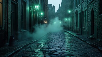 Foggy cobblestone street with green lamps in a historic city