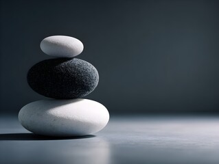Zen Balance: Stacked Black and White Stones with a Minimalist Concept on a Dark Background