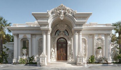 Obraz premium Grand neoclassical mansion entrance; tropical setting