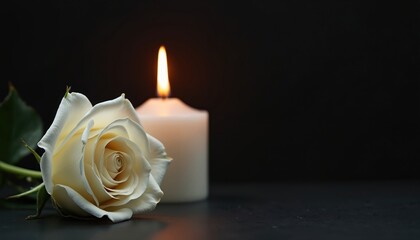 White rose and burning candle on dark background. Symbolizes mourning, remembrance, grief, loss, and sympathy. Suitable for funeral notifications, obituaries, and memorial services.
