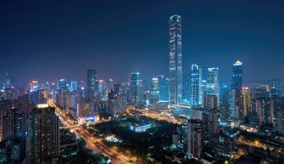 Obraz premium Night cityscape panorama skyscrapers, illuminated streets, park, and distant hills; urban development, travel