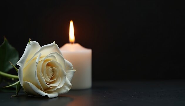 White rose and burning candle on dark background. Symbolizes mourning, remembrance, grief, loss, and sympathy. Suitable for funeral notifications, obituaries, and memorial services.